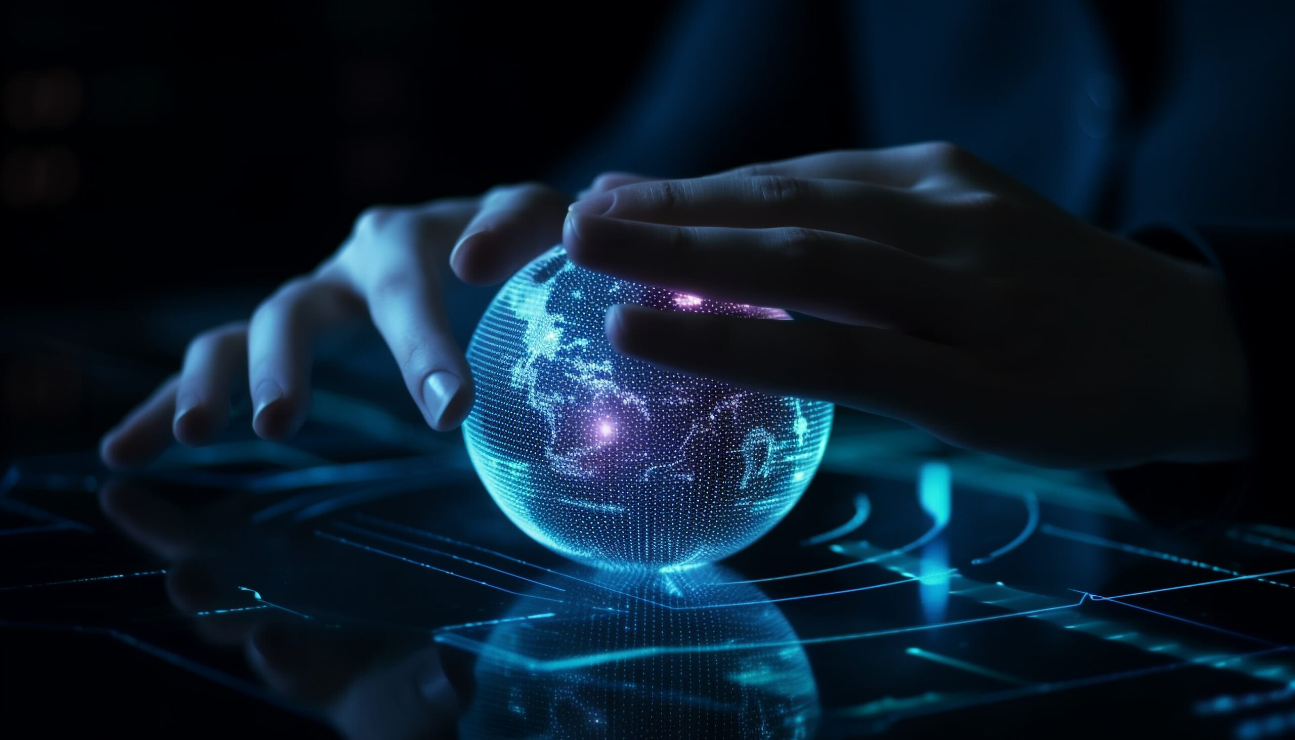glowing blue sphere held by human hand generated by ai scaled