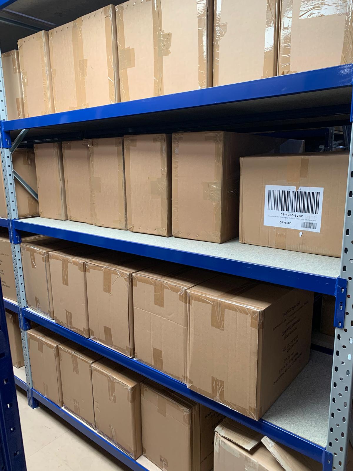 Rows of near-identical boxes on warehouse shelving